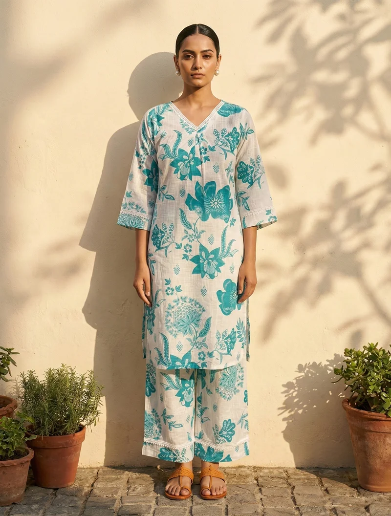 ترو برونز trueBrowns White Blue Floral Print Kurta Pant Set